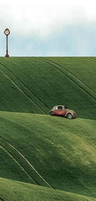 Surreal landscape with vintage car on green hills and a clock tower.