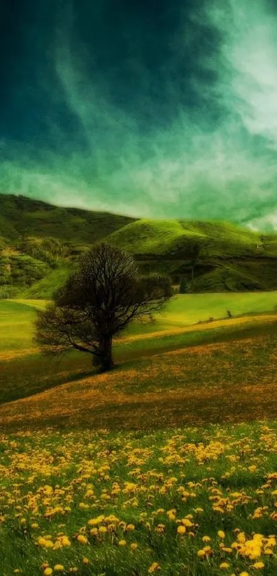 Surreal green landscape with hills and vibrant sky in a mobile wallpaper.