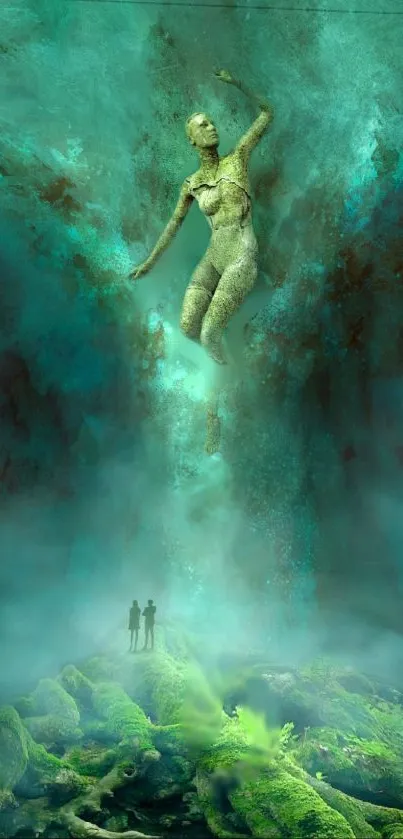 Surreal green artwork with mystical figures and abstract landscape.