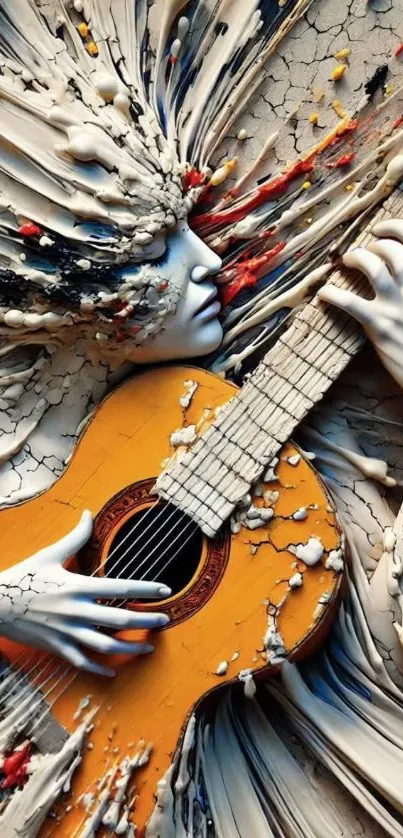 Surreal art with guitar in textured design.