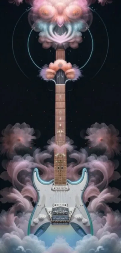 Surreal guitar with cloud art in dark blue background.