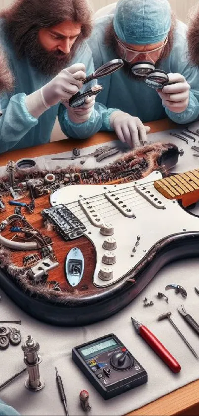 Surreal art of guitar surgery with tools and technicians.