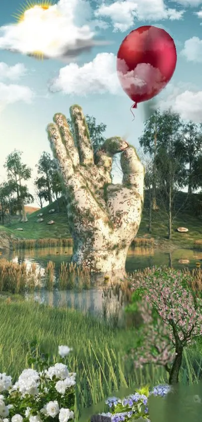 Surreal landscape with giant hand and red balloon art.