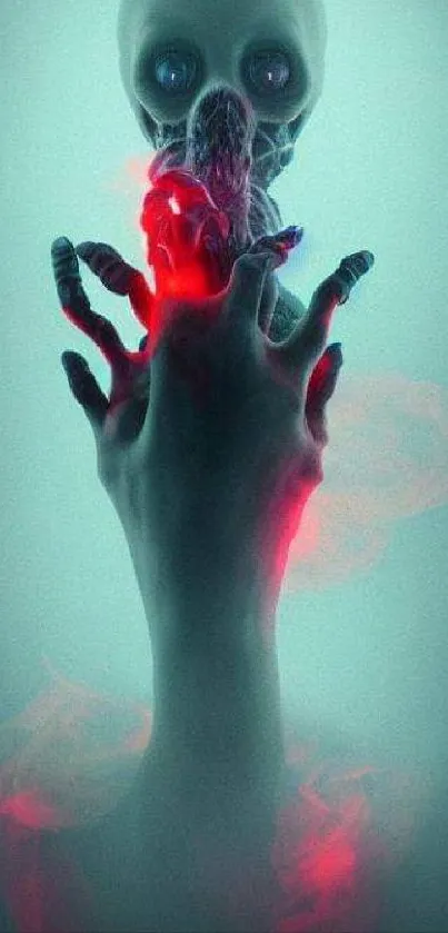 Surreal image of a hand reaching towards a skull with vibrant hues.