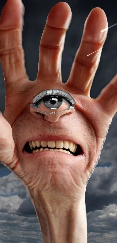 Surreal hand-eye artwork with cloudy sky background.