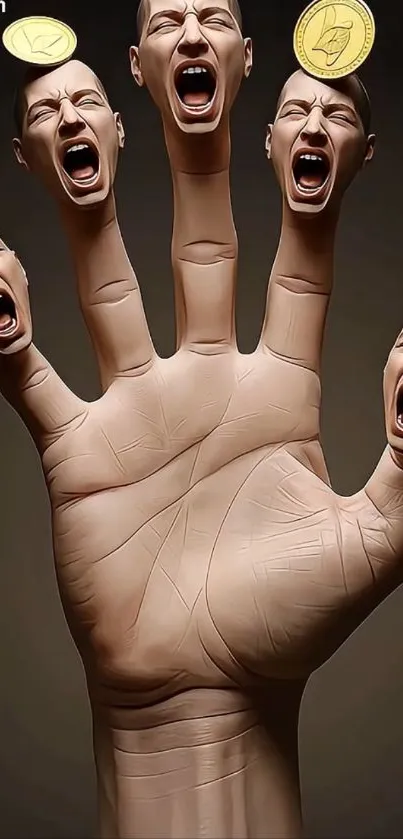 Surreal hand with faces and coins wallpaper.