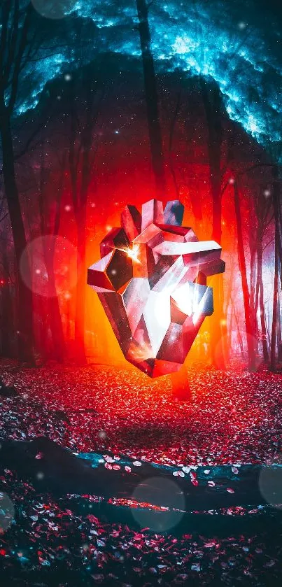 Surreal heart glowing in a mystical forest with a starry sky.