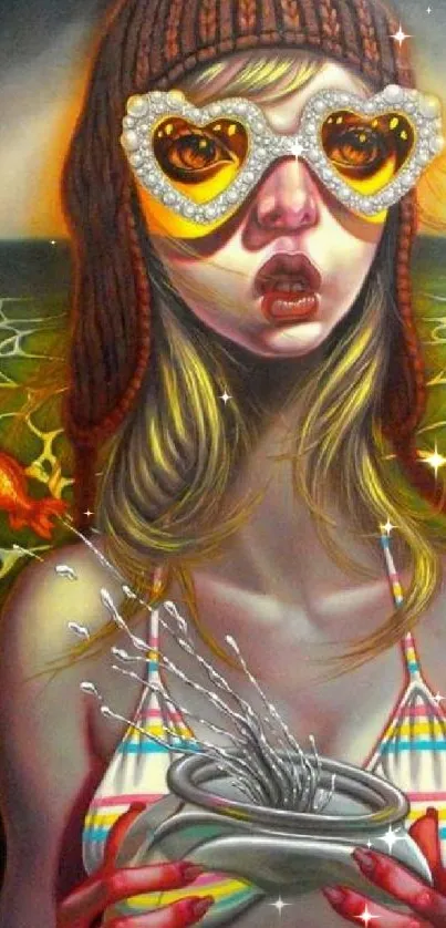 A surreal mobile wallpaper with a girl wearing heart-shaped sunglasses.