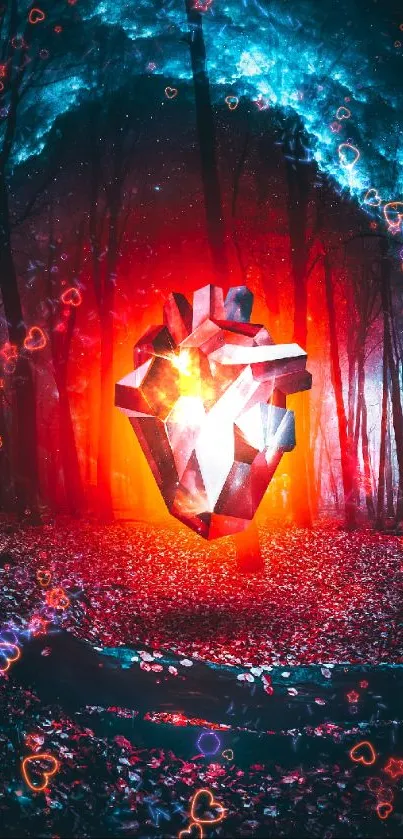 Surreal forest scene with glowing geometric heart and cosmic hues.