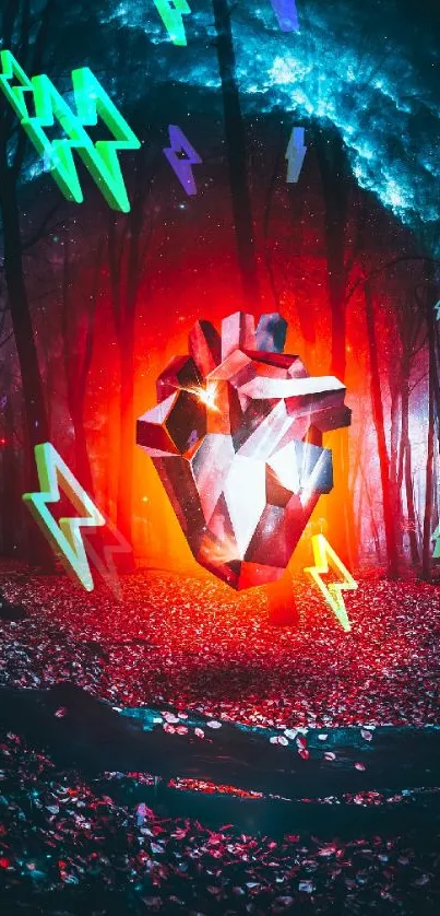 Surreal geometric heart glowing in a colorful cosmic forest setting.