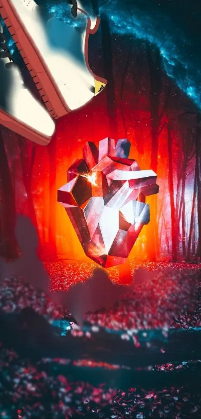 A glowing geometric heart in a surreal forest scene with cosmic elements.