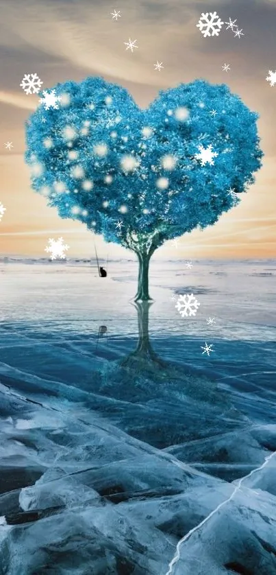 Heart-shaped tree on icy landscape at sunset.