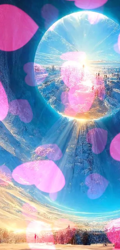 Surreal landscape with pink hearts and a luminous, icy blue tunnel.