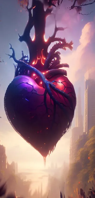 Surreal heart floating above a cityscape with neon glow and nature accents.