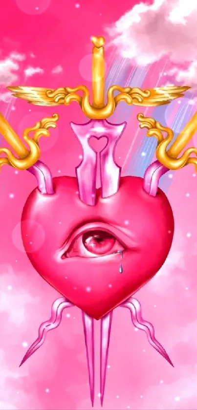 Pink surreal heart with an eye and swords amidst clouds.