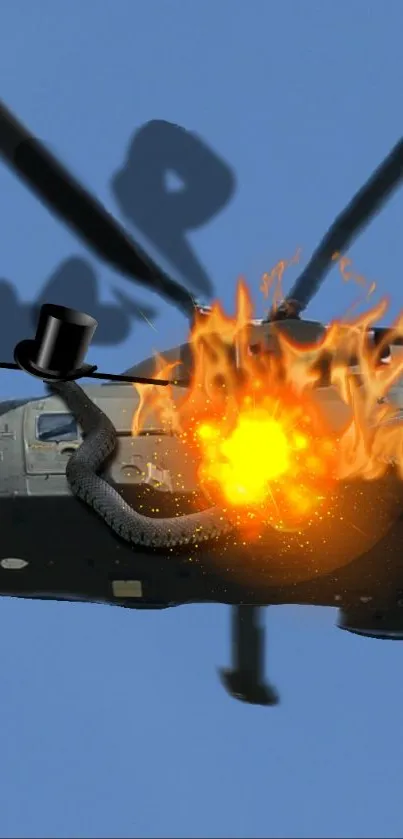 Surreal image of a flaming helicopter with top hat against a blue sky.