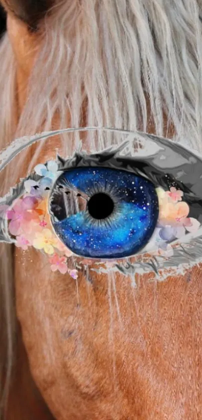 Surreal horse eye with cosmic and floral details on mobile wallpaper.