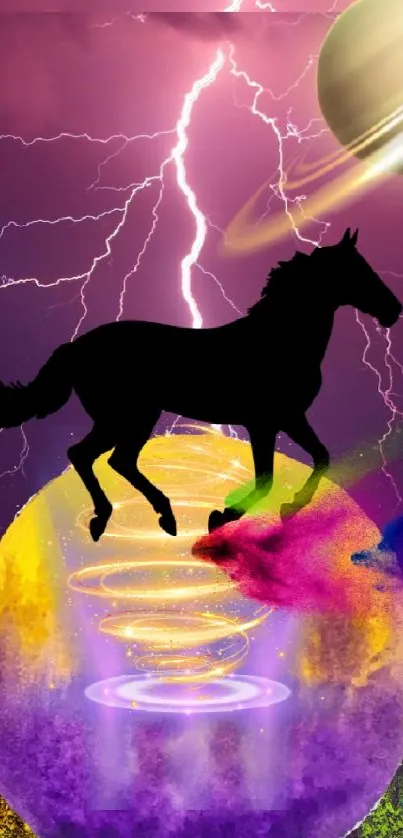 Silhouette of a horse with lightning and planets on a mystical purple background.