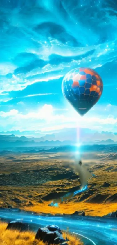 Surreal hot air balloon soaring over a vibrant mystical landscape.