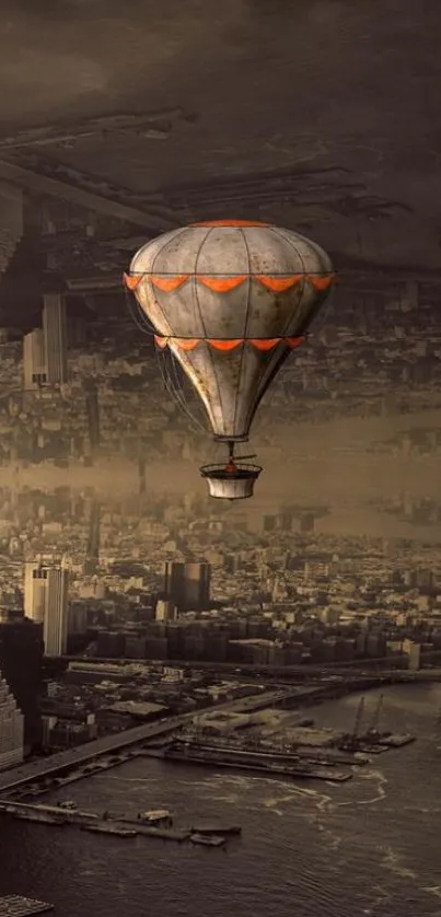 Surreal hot air balloon floating over a vintage cityscape in brown tones.