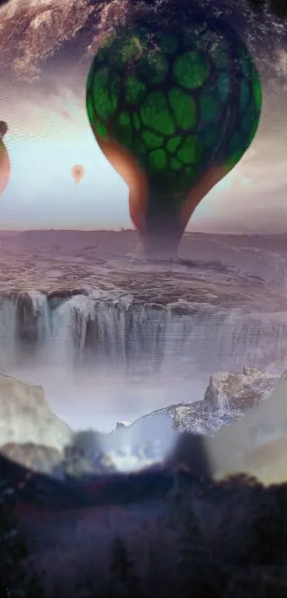 Surreal wallpaper with hot air balloons and waterfalls.