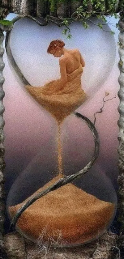 Surreal hourglass wallpaper with sand art and a serene figure.