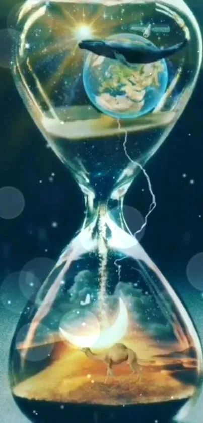 Surreal hourglass fantasy art with cosmic elements and dreamlike visuals.