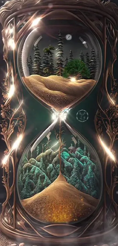 Surreal hourglass with forest and sands against starry sky.