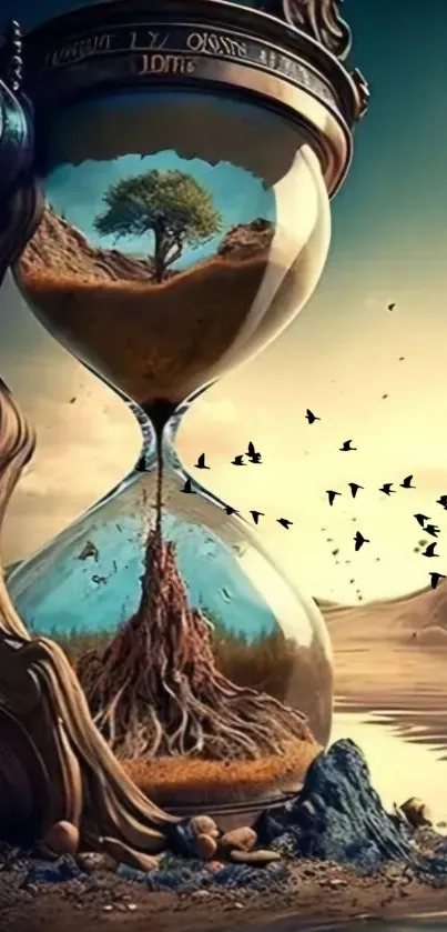 Surreal hourglass with tree and birds in a sandy landscape.