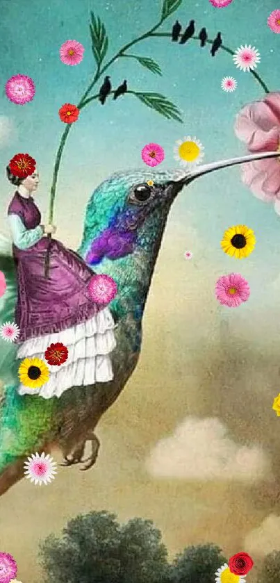 Surreal artwork of a woman riding a colorful hummingbird.