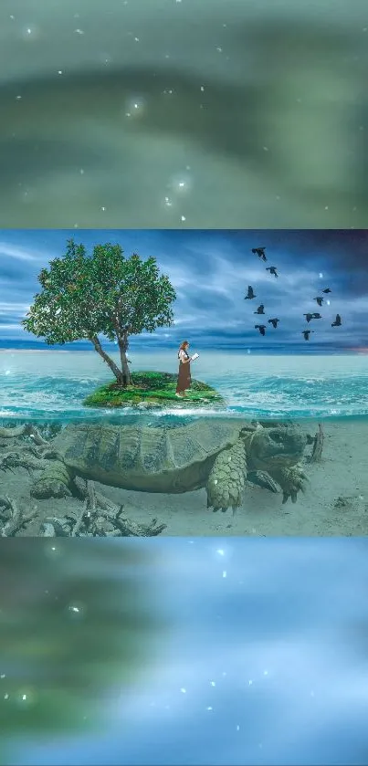 Surreal island with giant turtle and tree under a vibrant sky.