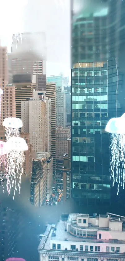 Glowing jellyfish floating above a cityscape with tall buildings.