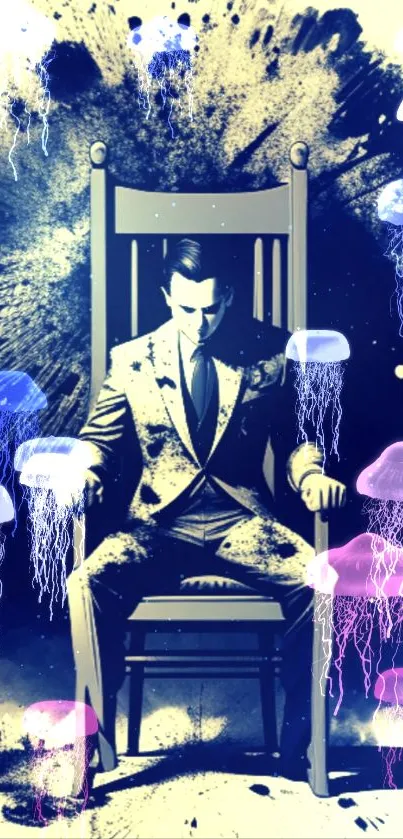 Man in a chair surrounded by vibrant jellyfish in dark blue tones.