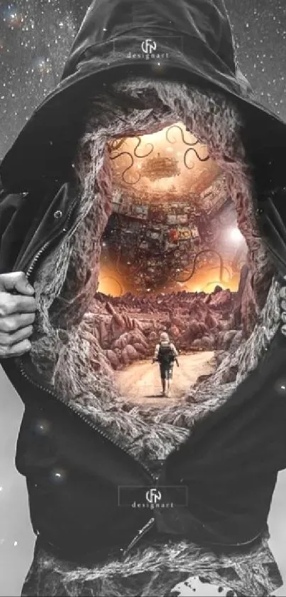 Surreal mobile wallpaper depicts a cosmic journey through a hooded figure.