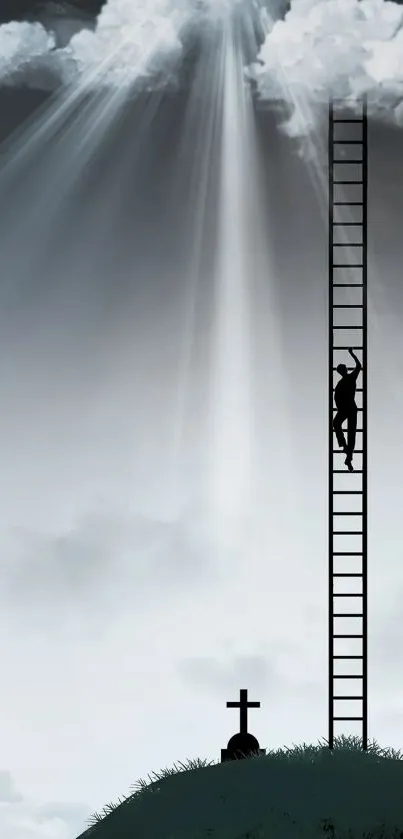 Surreal wallpaper of a ladder leading into the clouds.