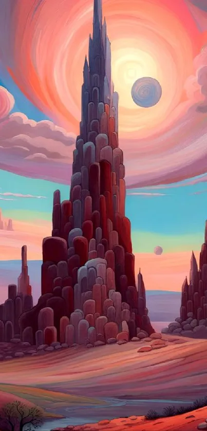 Surreal landscape art with tall rock formations under a vibrant sky.