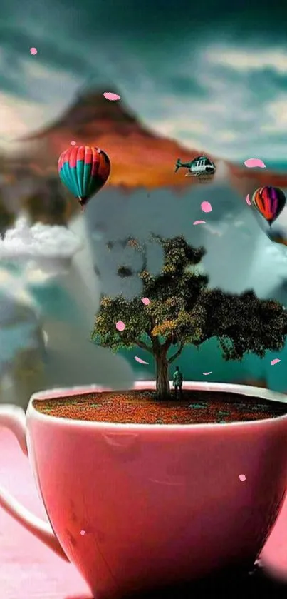 Surreal landscape with tree in teacup and hot air balloons.