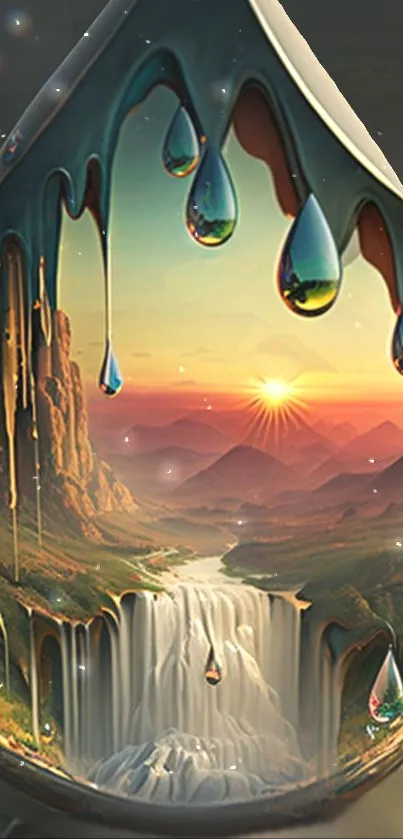 Surreal landscape in a water droplet with sunset and mountains.