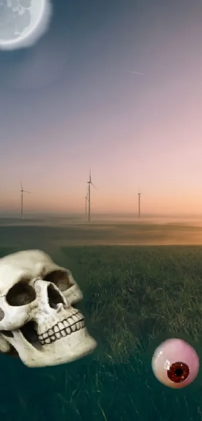 Surreal landscape with skull and wind turbines under a moonlit sky.