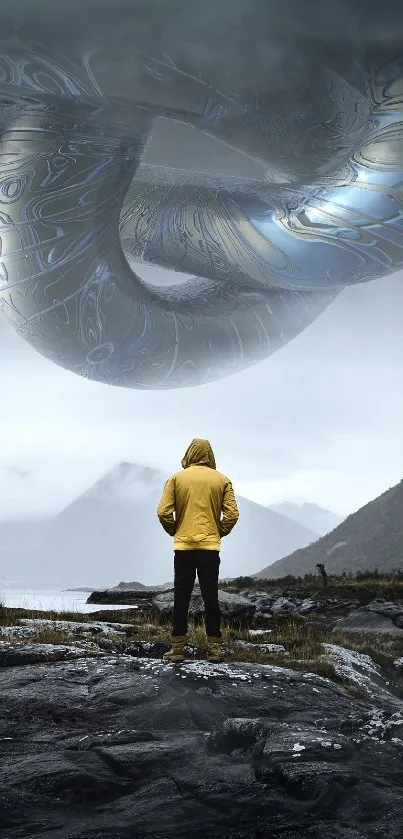 A person in a yellow jacket stands before a surreal landscape with a floating object.