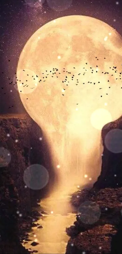 Surreal wallpaper featuring a moon flowing as a waterfall into a canyon.