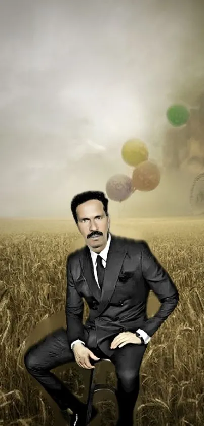 Man in suit sitting in surreal landscape with balloons and Ferris wheel.