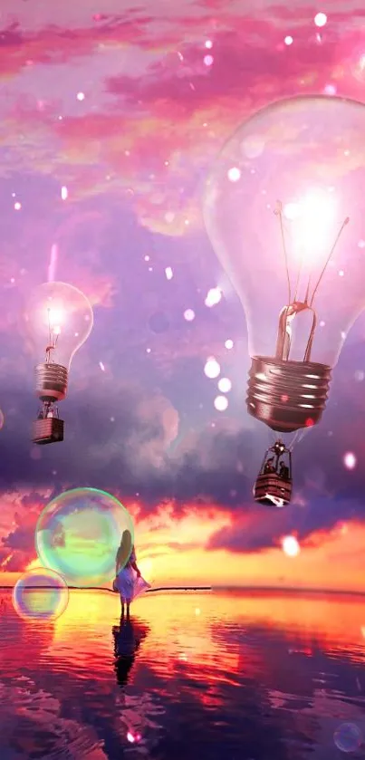 Surreal light bulbs float against a vibrant sunset sky.