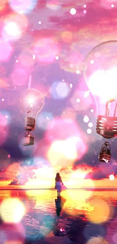 Surreal fantasy wallpaper with floating lightbulbs and a vibrant sunset.