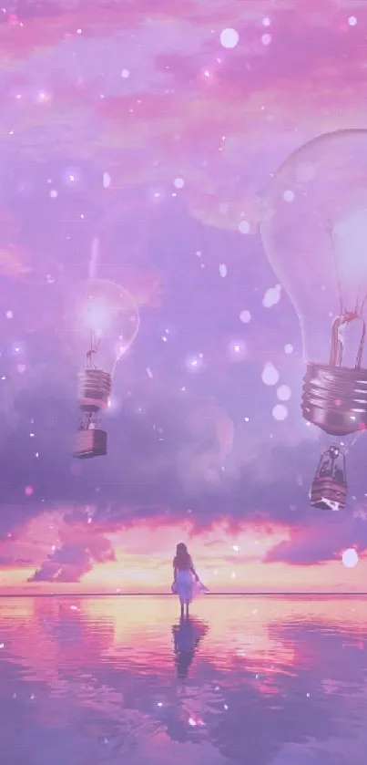 Surreal wallpaper with lightbulbs in a dreamy pink and purple sky.