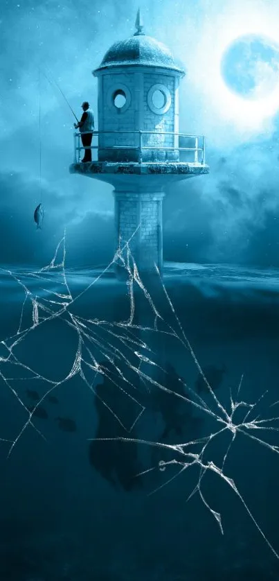 Surreal scene of a lighthouse above a cracked ocean with a full moon.