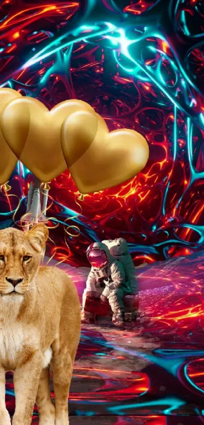 Surreal lion with balloons in a cosmic fantasy scene.