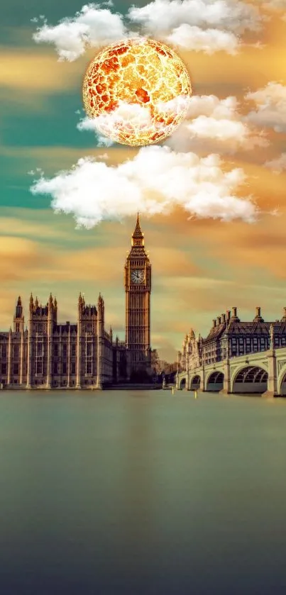 Surreal London skyline with Big Ben and glowing sphere at sunset.