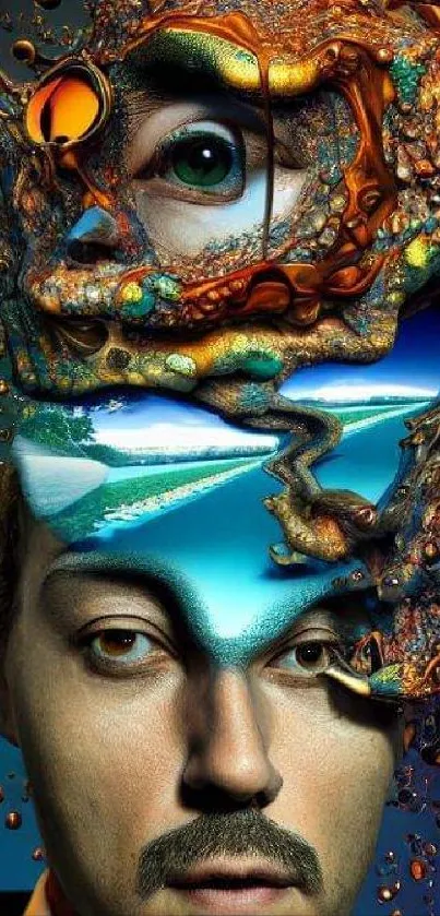 Surreal art with abstract face and nature elements.