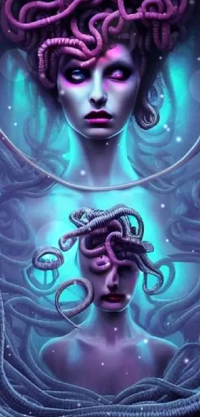 Surreal Medusa-inspired wallpaper with neon colors and mystical elements.